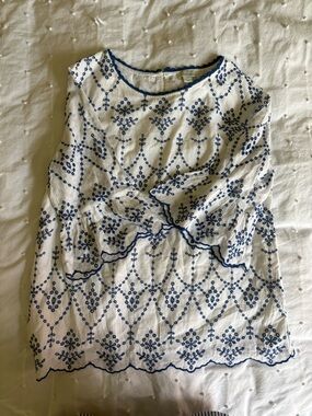 Sundance embroidered blue and white cotton shirt, fluted bell sleeves